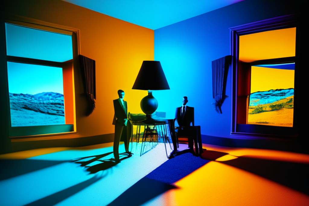 a home loan mortgage broker and a bank loan officer on different sides of the room, vivid colors, landscape